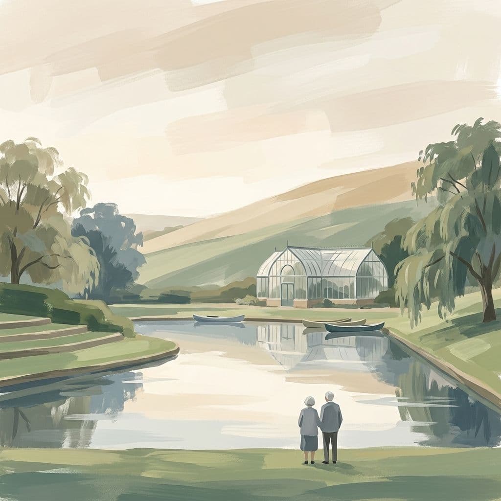 Stylized abstract illustration of the Centre de la nature de Laval — its lake, glass greenhouse, and sloping green hill — in Cleo's painterly house style.