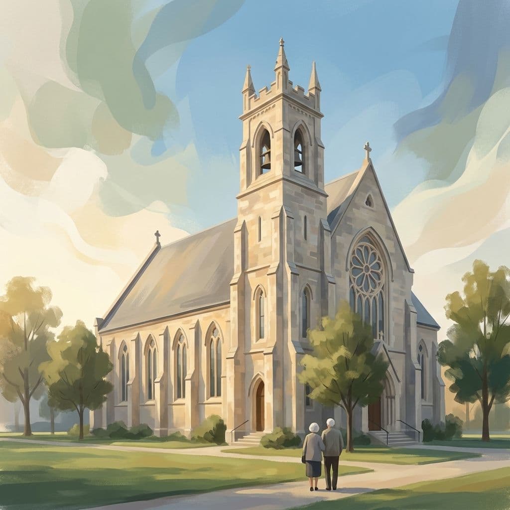 Stylized abstract illustration of the historic Gothic Revival former St. Paul's church — now the Musée des maîtres et artisans du Québec — in Vieux-Saint-Laurent, Montréal, in Cleo's painterly house style.