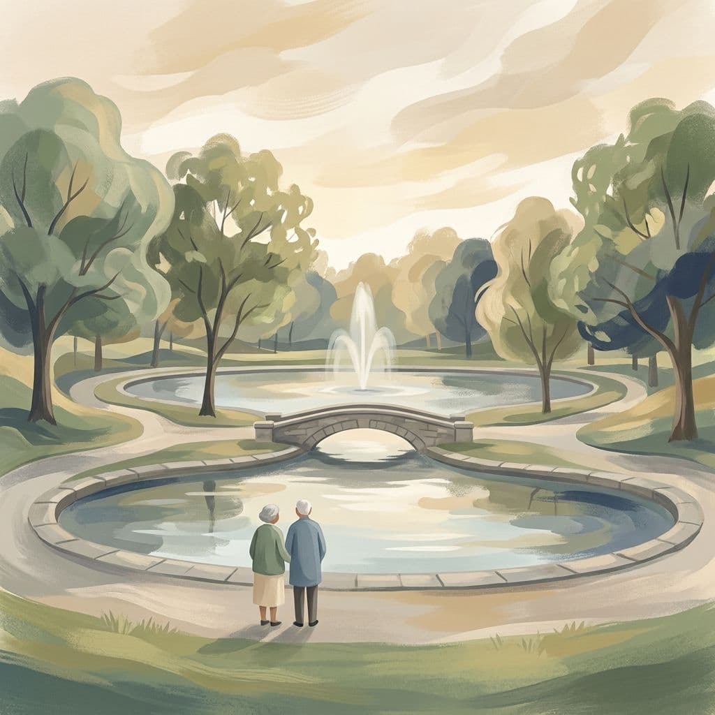 Stylized abstract illustration of Parc La Fontaine (its calm pond, illuminated fountain, and tree-lined paths in the heart of Plateau-Mont-Royal) in Cleo's painterly house style.
