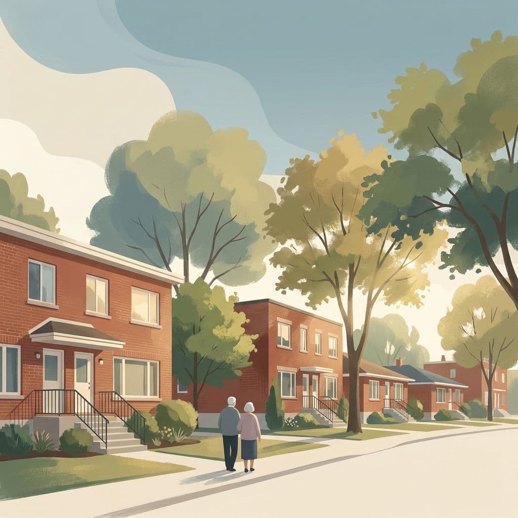 Stylized abstract illustration of a leafy residential street in Saint-Léonard, Montréal — its tree-lined postwar red-brick homes — in Cleo's warm painterly house style.