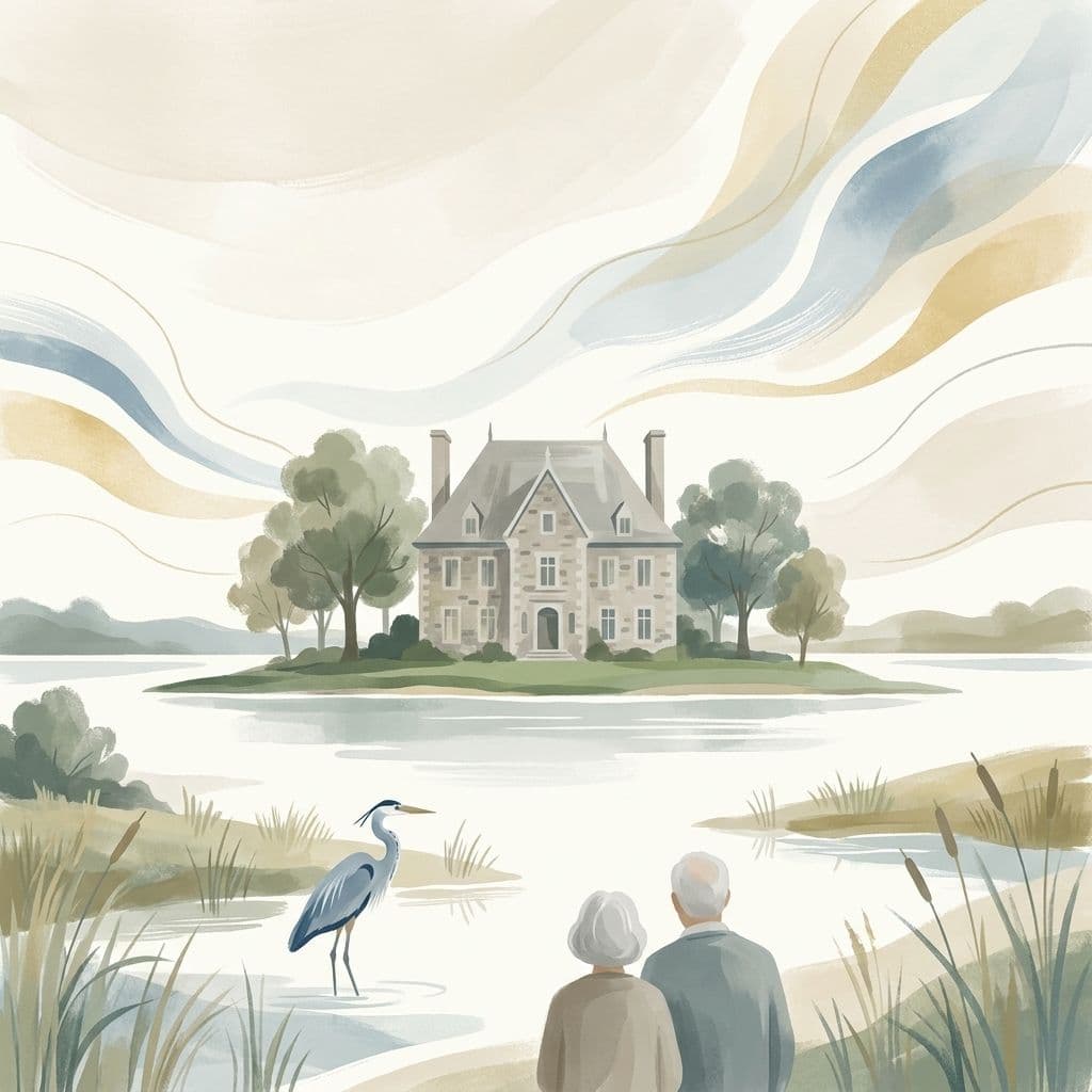 Stylized abstract illustration of the historic grey stone Manoir D'Youville on Île Saint-Bernard, where the Châteauguay River meets Lac Saint-Louis, with a great blue heron in the calm water, in Cleo's painterly house style.