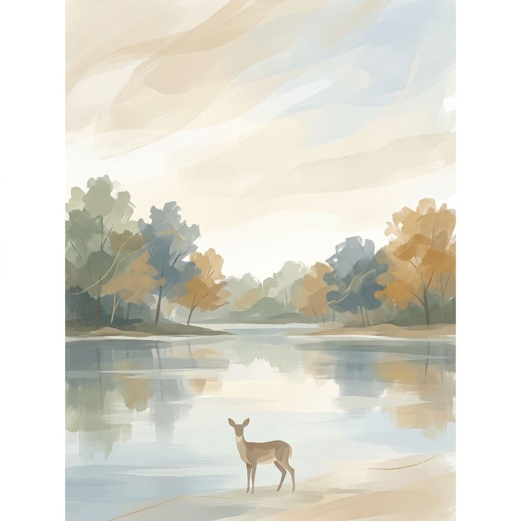 Stylized abstract illustration of Parc Michel-Chartrand in Longueuil — still lakes, a soft autumn treeline and a quiet deer — in Cleo's painterly house style.